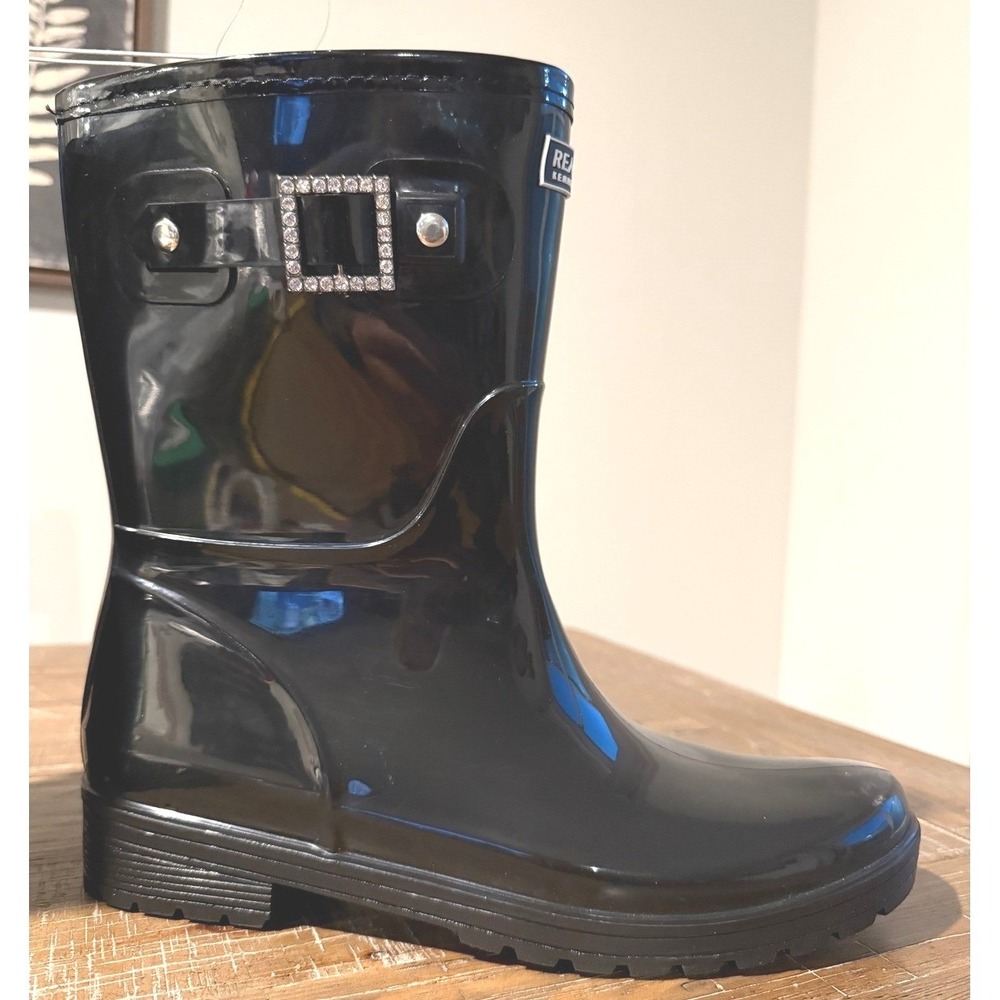 NEW Kenneth Cole Reaction Rae Buckle Jewel Black Rain Boots Womens 11 Lug Sole
